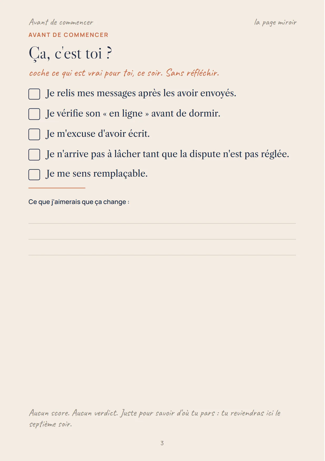 Page 3 du carnet : « Ça, c'est toi ? », cinq cases à cocher